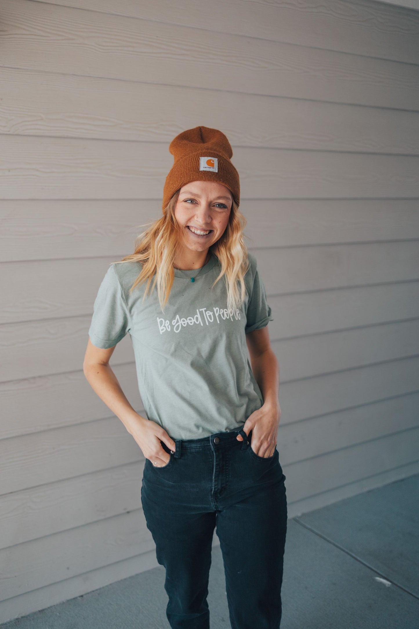 Be Good to People Sage Green Short Sleeved Tee.