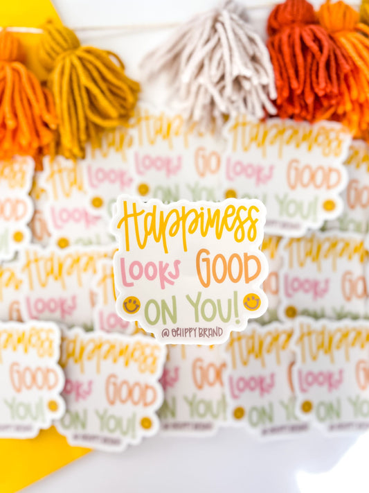 happiness looks good on you sticker, hippie sticker, good vibes sticker, retro sticker.